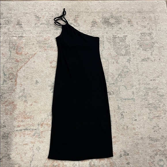 Old Navy Black One Shoulder Tie Ribbed Midi Dress with Side Slit and Shelf Bra - Picture 4 of 7